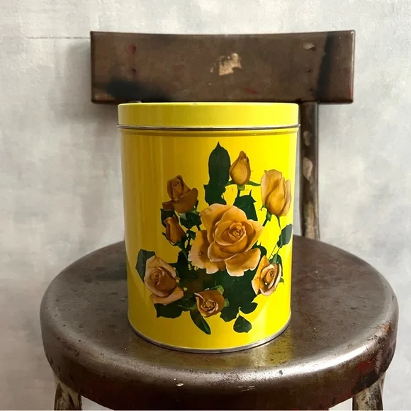 Vintage Yellow With Roses Shabby Chic Storage Tin - Picture 2 of 7